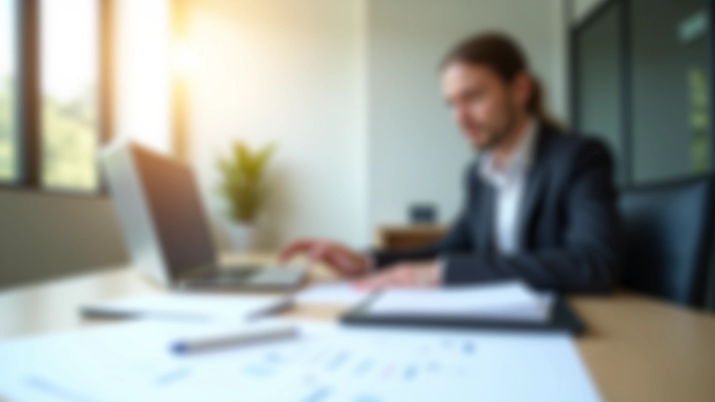 Modernes Finanzbüro mit Laptop und Dokumenten, professionelle Arbeitsumgebung, natürliches Licht, scharfer Fokus
