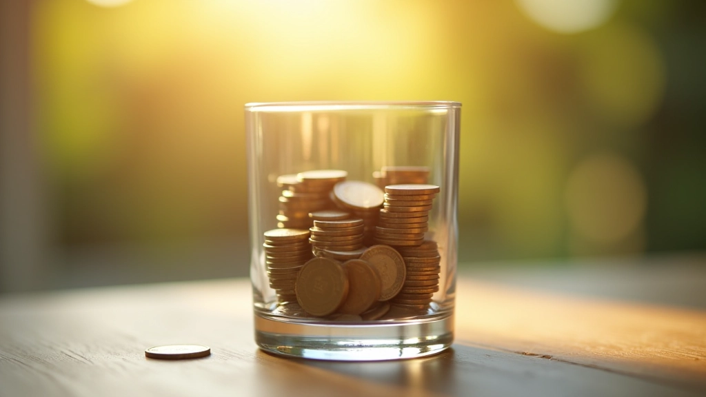 Münzen in Glas sammeln, Sparziel symbolisieren, helles Licht