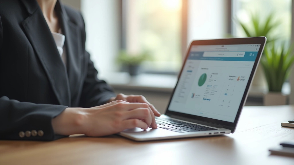 Laptop-Bildschirm mit Banking-App, Finger klickt auf Bildschirm, modernes Büro, natürliches Licht