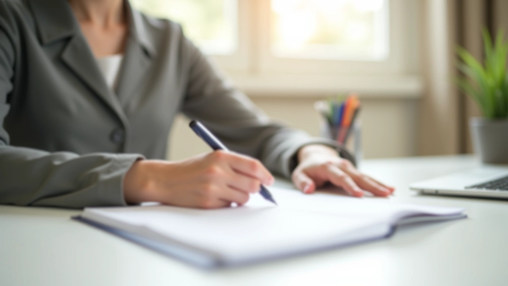 Person mit Notizbuch und Stift am Schreibtisch, Budget-Planung und finanzielle Notizen, helles Tageslicht von Fenster, sauberer minimalistischer Arbeitsbereich