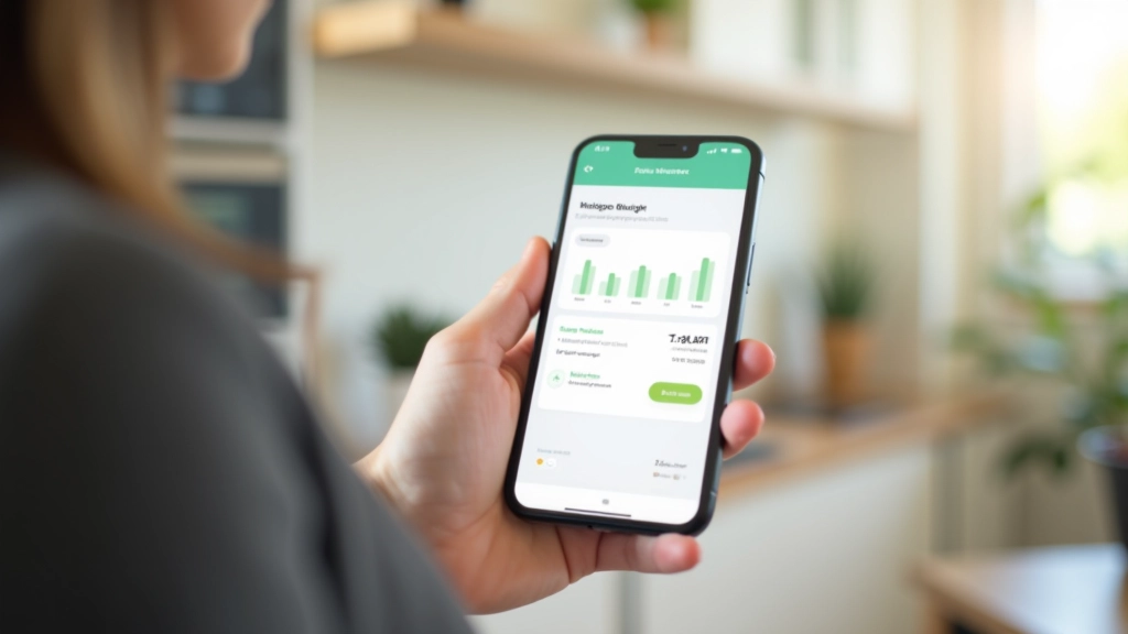Smartphone mit Budget-App auf dem Bildschirm, Hand hält das Gerät, moderne Wohnung im Hintergrund, klares Tageslicht