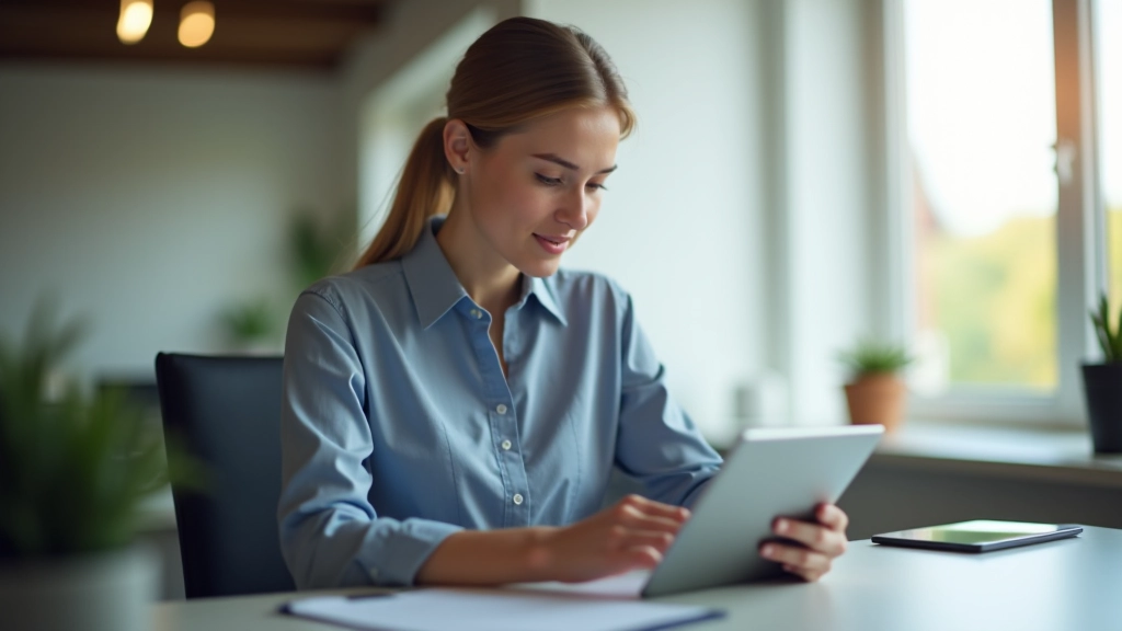 Person sitzt am Schreibtisch und nutzt eine Finanzmanagement-App auf ihrem Tablet